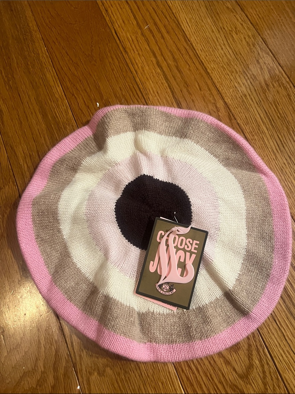 Juicy Couture Pink, Cream & Brown Striped Knit Beret
